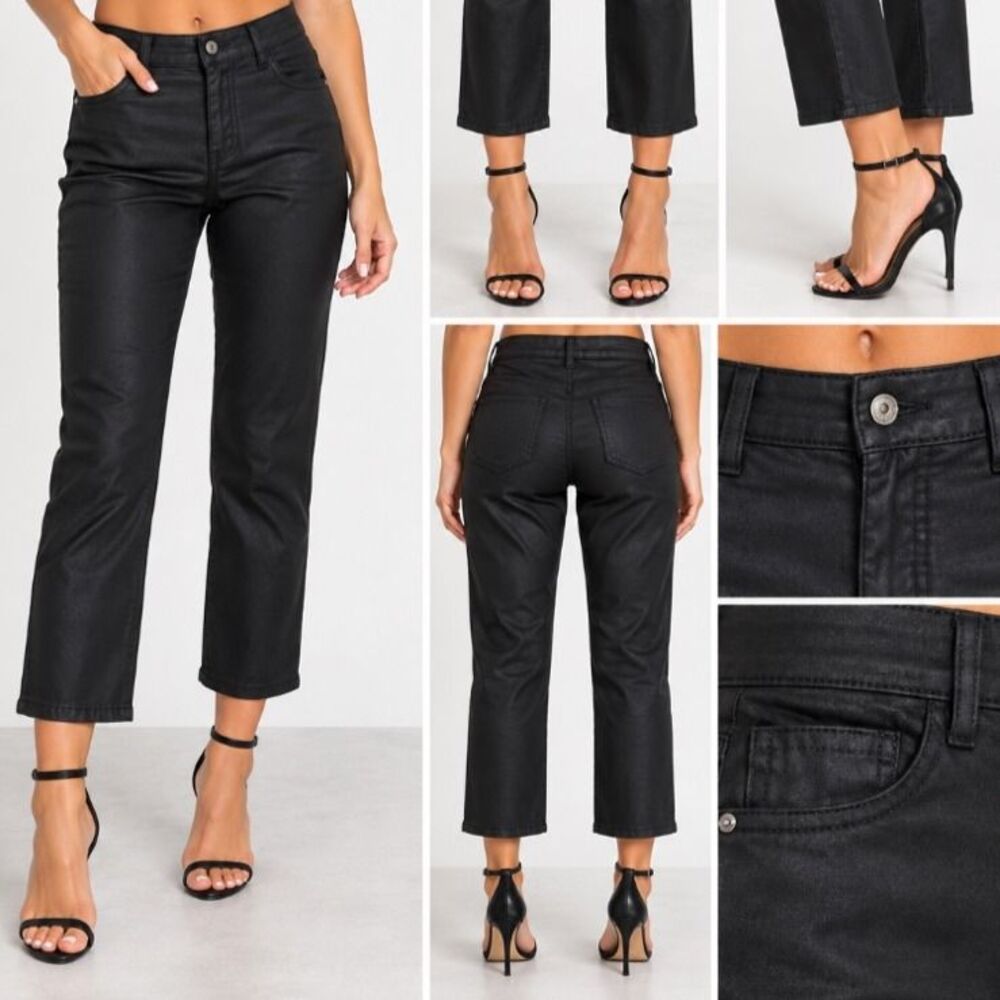 Zara Black Coated Stretch Straight Leg Ankle Pants Sz 10 Chic Dressy Black Matte